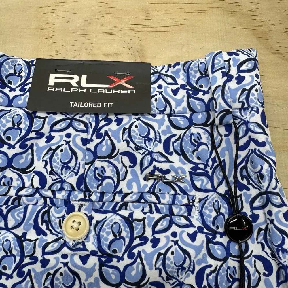 NEW RLX Ralph Lauren Classic Fit Water Repellent Fish Blue Golf Shorts Sz 34